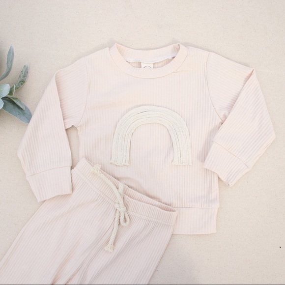 Ribbed Rainbow Appliqué Jogger Set Cream - Picture 2 of 8